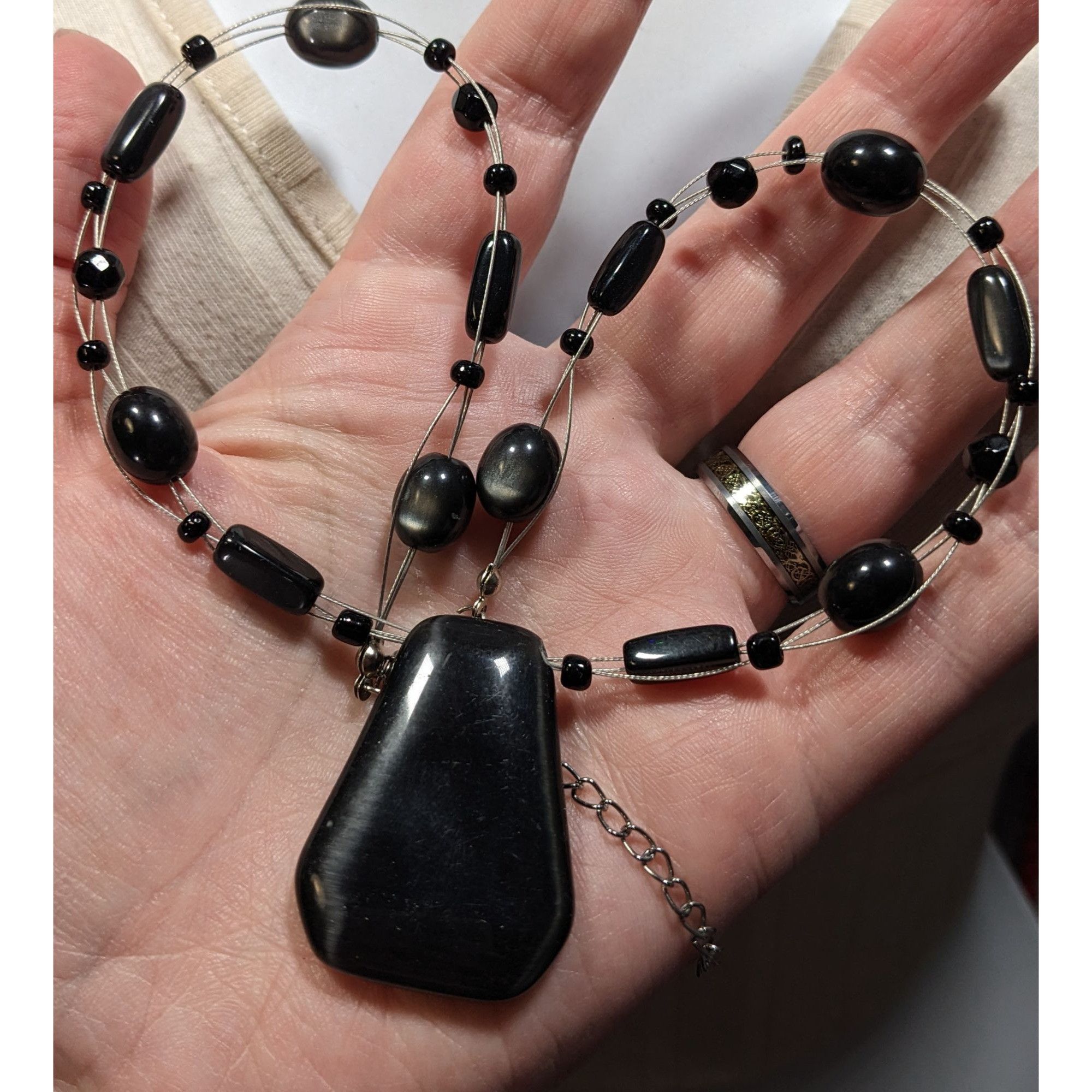 Other Gothic Black Cateye Glass Beaded Necklace With Geometric Pen Size ONE SIZE - 4 Thumbnail