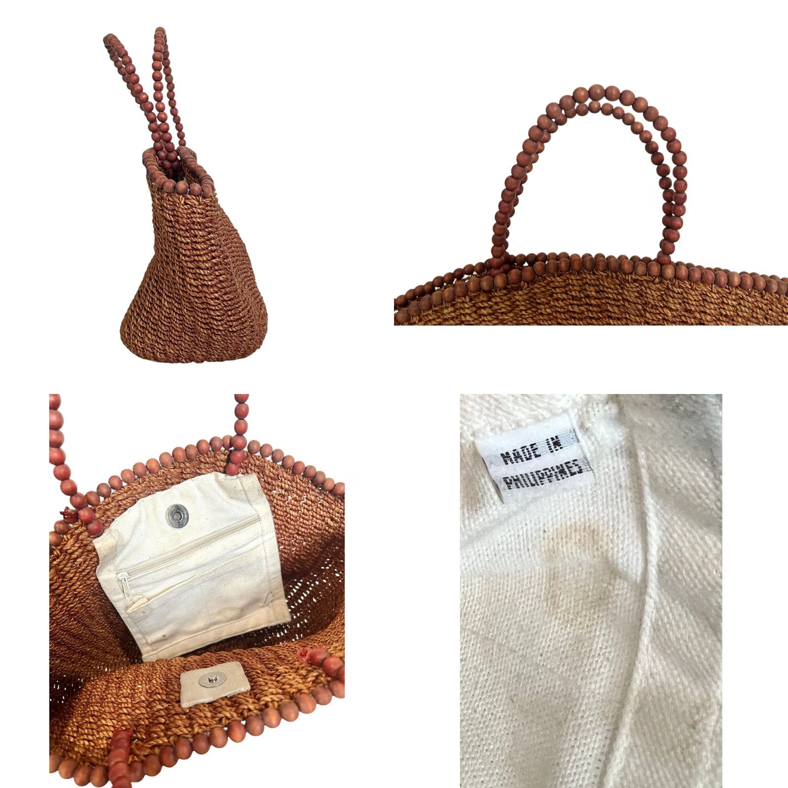 Vintage Straw Woven Tote Purse with Beaded Trim and Handle Brown Boho Summer Shopper Size ONE SIZE - 8 Thumbnail