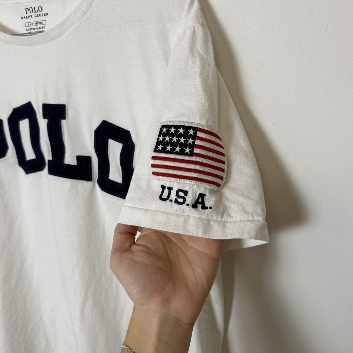 Polo Ralph Lauren Vtg Polo Ralph Lauren Arc Logo USA Flag Patch Tee Size US L / EU 52-54 / 3 - 4 Thumbnail