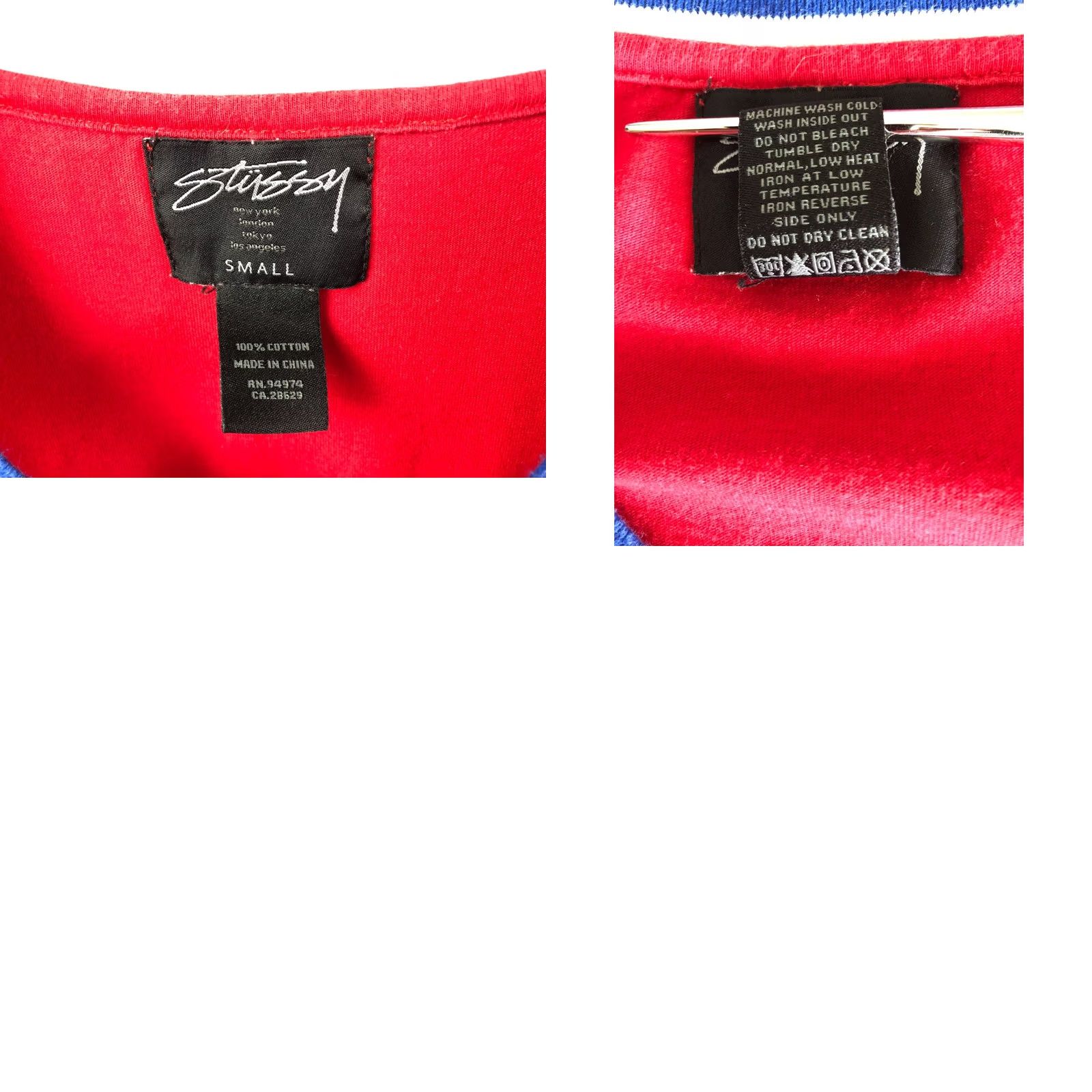 Vintage Stussy Men's T-Shirt S Red Cotton Striped 3/4 Sleeve Long Tee Shirt Jersey Logo Printed Size US S / EU 44-46 / 1 - 8 Thumbnail