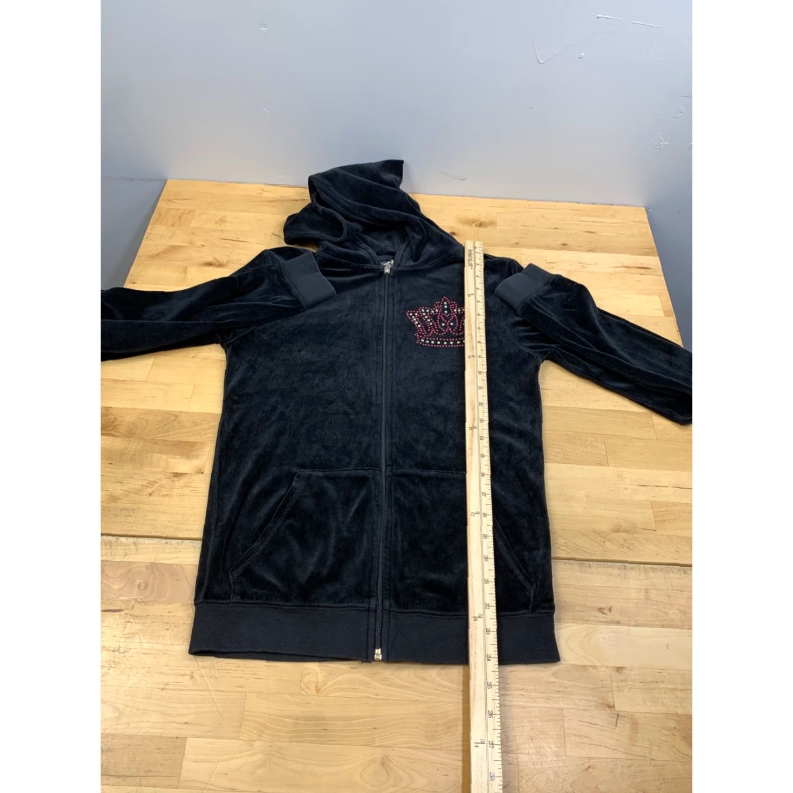 Velour VINTAGE Tankh Velour Jacket Womens M Black Rhinestones Y2K Hooded Zip Size M / US 6-8 / IT 42-44 - 4 Thumbnail