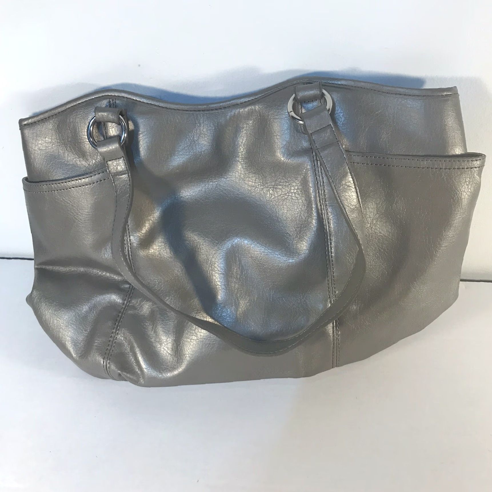 Nine West VINTAGE Nine West Shoulder Bag Pewter Faux Leather Double Handles Large 11x16x10 Ivory Lining Inner Pockets Mock Snap Closure Womens Size ONE SIZE - 3 Thumbnail