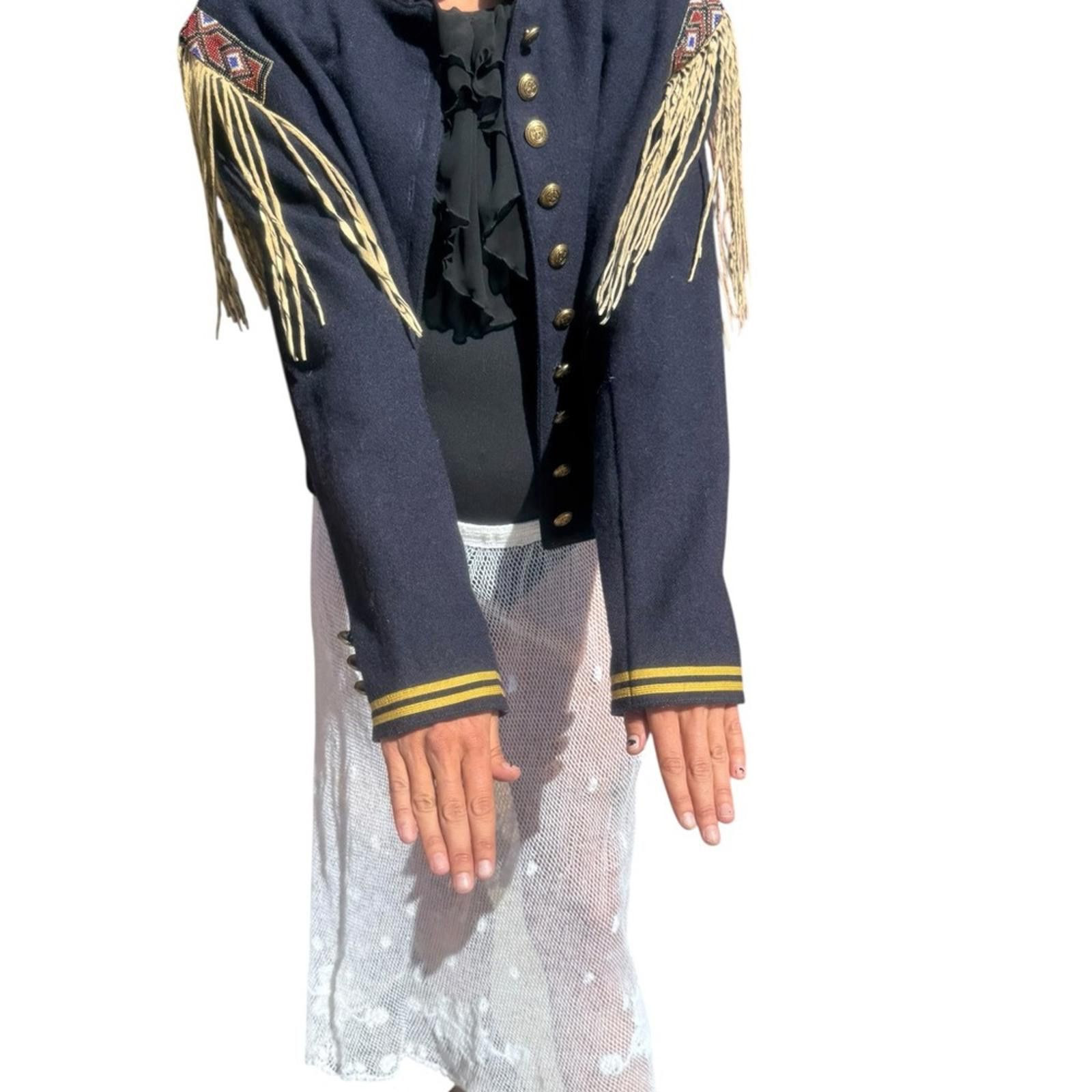 Designer Double D Ranch L Wool Navy Cropped Fringe Shoulder Jacket Size L / US 10 / IT 46 - 4 Thumbnail