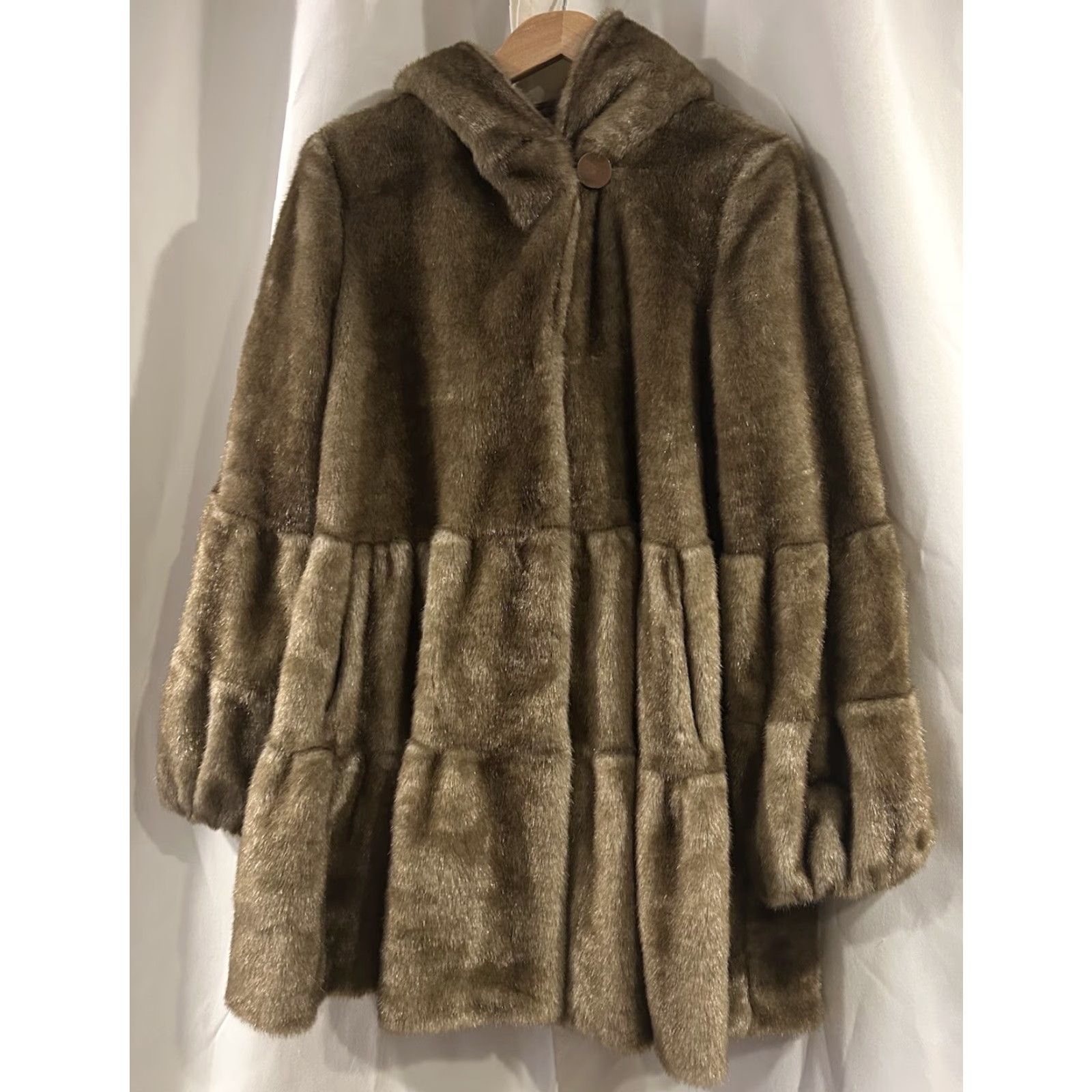 Jones New York Jones New York Coat Womens M Beig e Faux Mink Fur Hooded Tiered Bohemian Winter Designer Overcoat Jacket Size M / US 6-8 / IT 42-44 - 3 Thumbnail