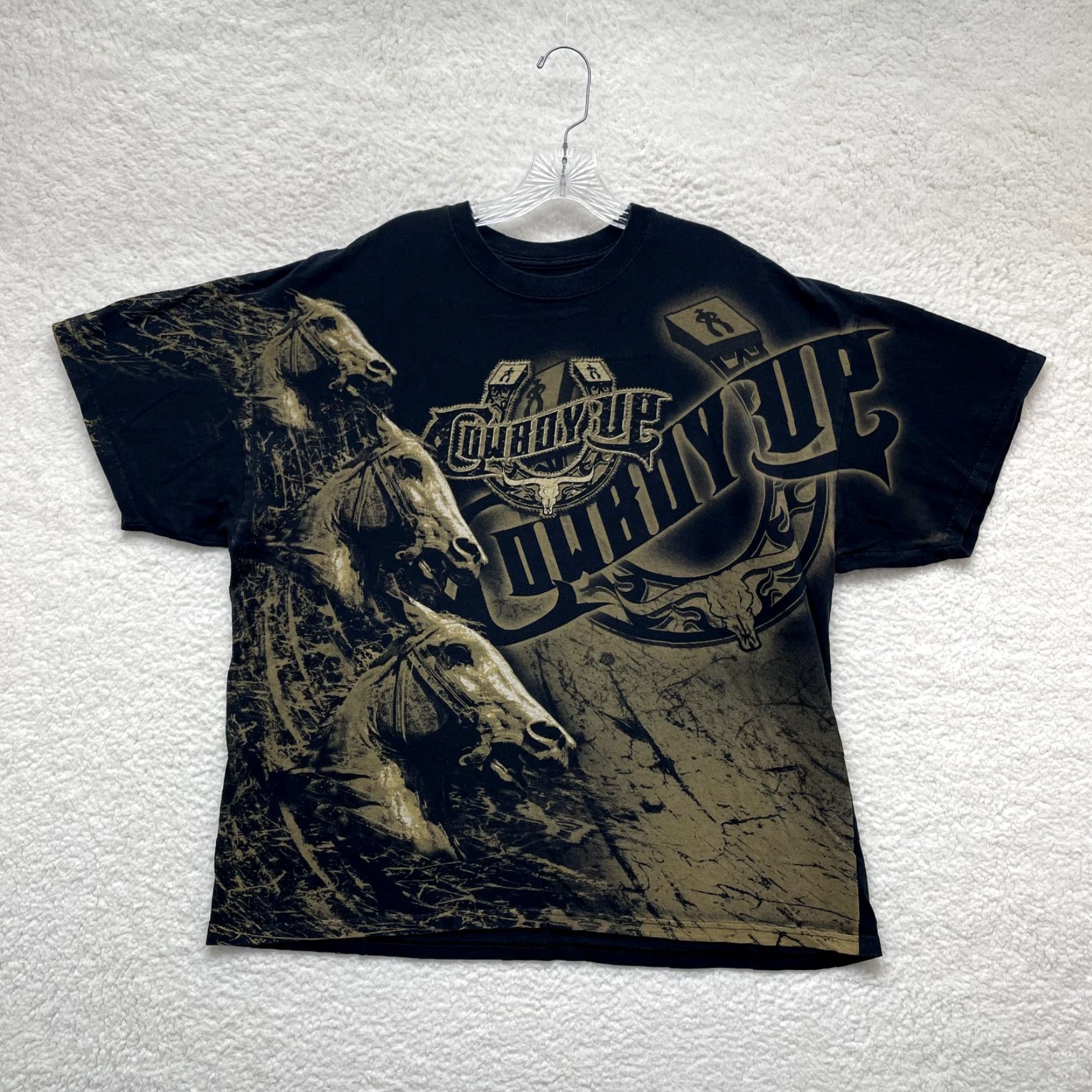 Gloverall Y2K Vintage Cowboy Up T-Shirt Graphic Tee 2XL Black Mens Grunge Western Horse All Over Print Size US XXL / EU 58 / 5 - 2 Thumbnail