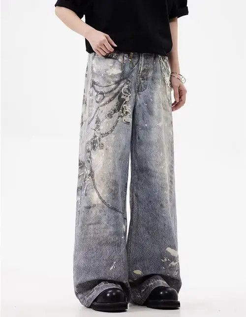 Other New 3D Chain Graphic Printed Baggy Jeans Unisex Size US 33 - 4 Thumbnail