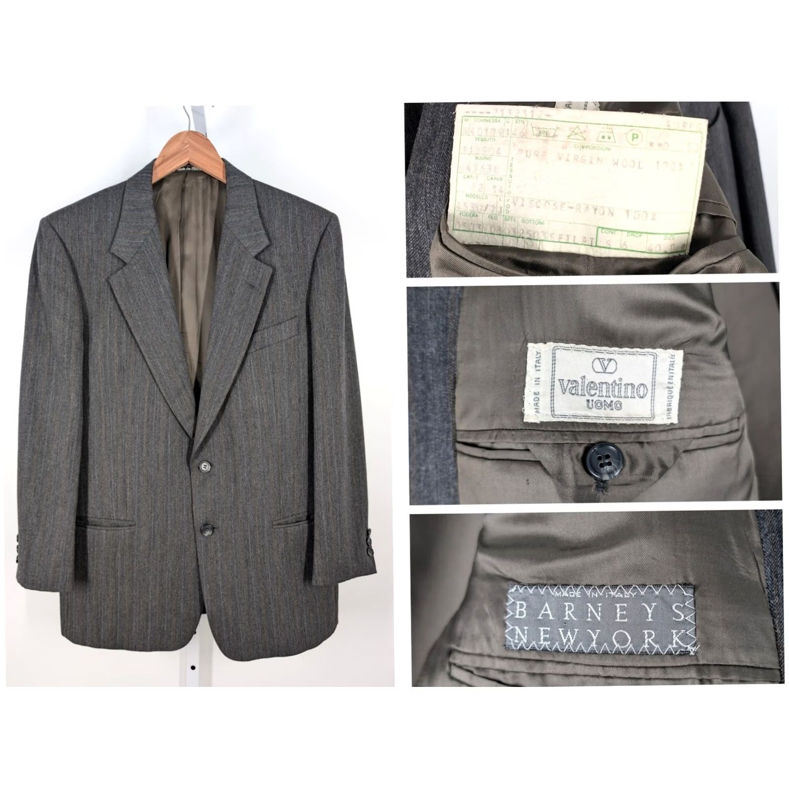 Valentino VINTAGE Valentino Blazer Gray Brown Pinstripe Wool 40" Men Sport Coat Barneys New York Italy Size 40R - 2 Thumbnail