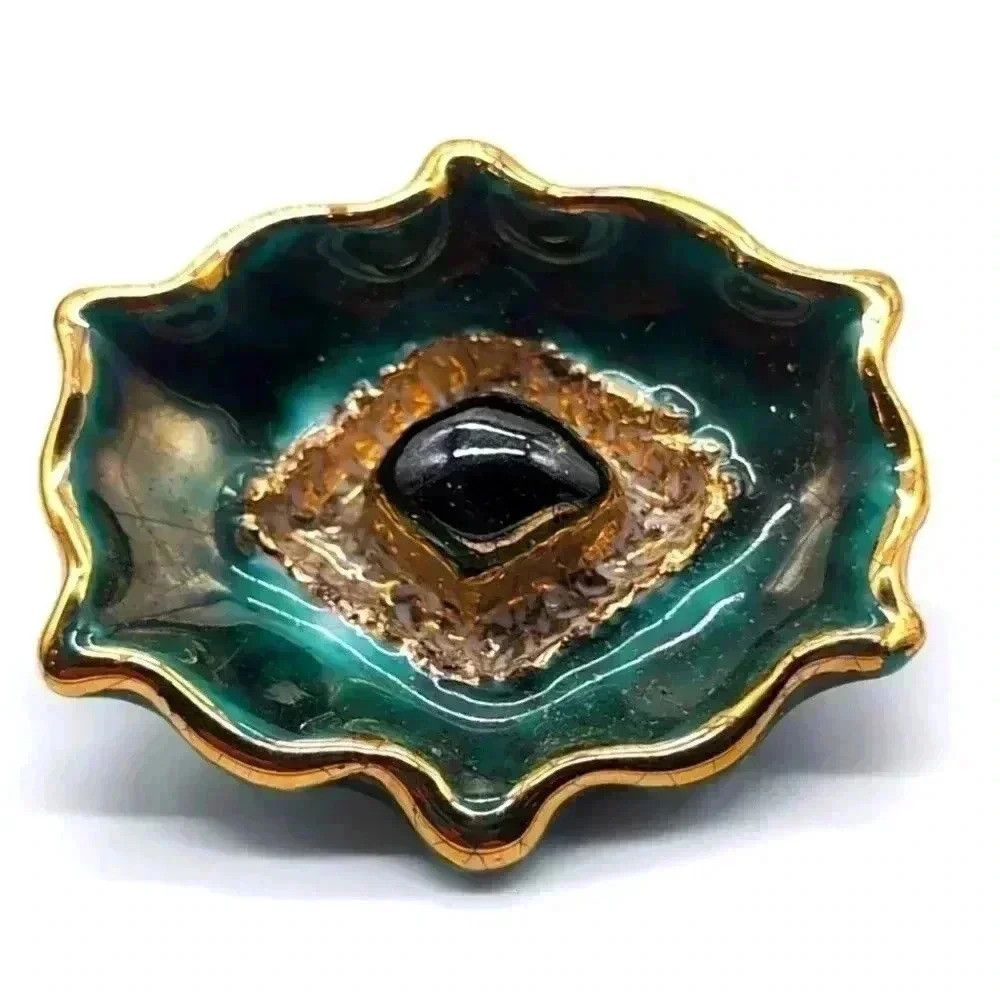 Vintage Blue Green and Gold ceramic Brooch Pin Rare Estate Jewelry Size ONE SIZE - 1 Thumbnail