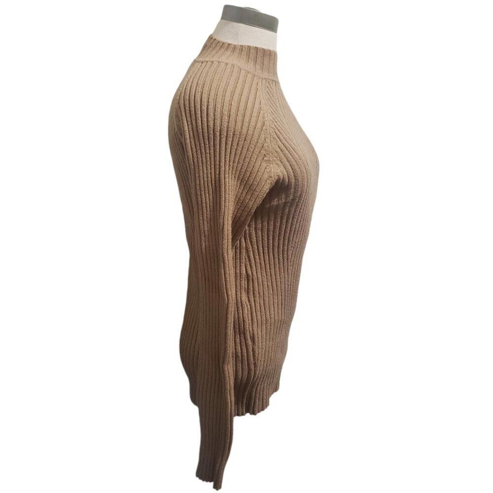 Designer Tan Mock Neck Ribbed Long Sleeve Sweater M Size M / US 6-8 / IT 42-44 - 3 Thumbnail