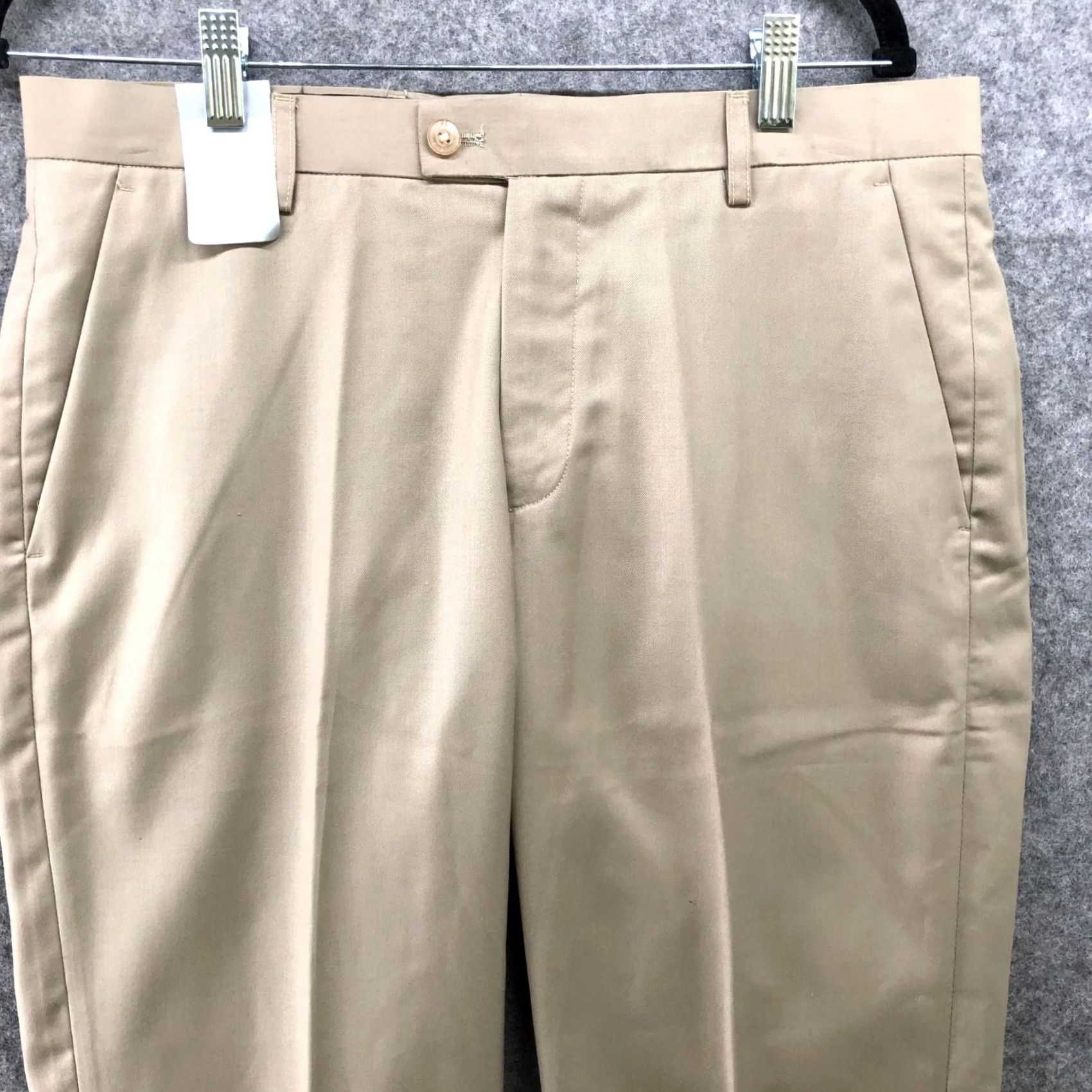 Vintage Pinstripe Clothing Mens Dress Pants Beige Khaki 34 Unhemmed Slim Tapered Flat Front Polyester Blend Zip Fly Quality Workwear NWT Size US 34 / EU 50 - 3 Thumbnail