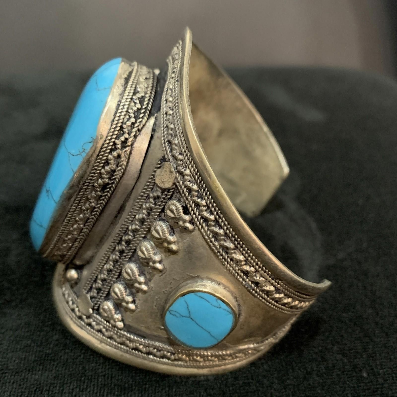 Other Vintage Afghani Silver Handmade Adjustable Bangle Turquoise Size ONE SIZE - 8 Thumbnail