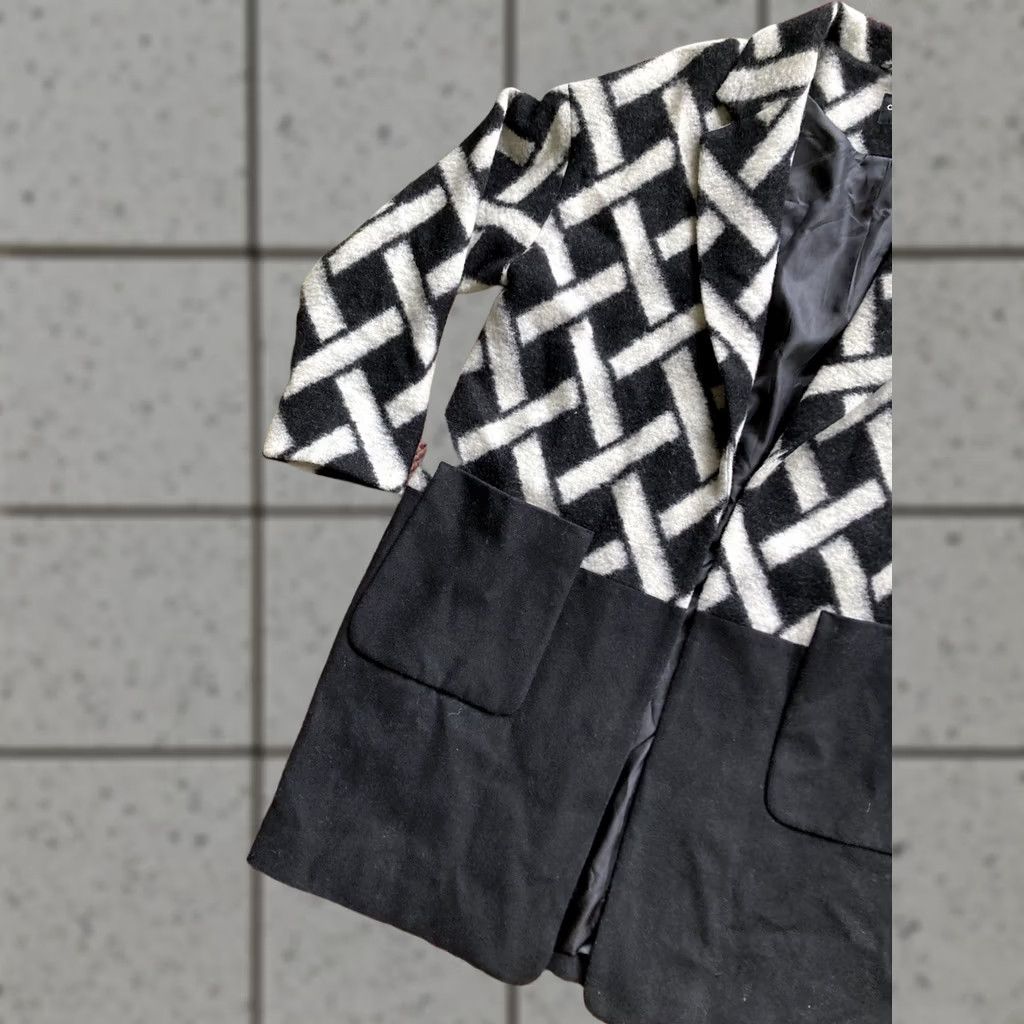 Asos ASOS Coat Wool Blend Overcoat Long Pockets Lined Black 10 Womens Geometric Jacket Multicolor Exterior Size L / US 10 / IT 46 - 1 Thumbnail