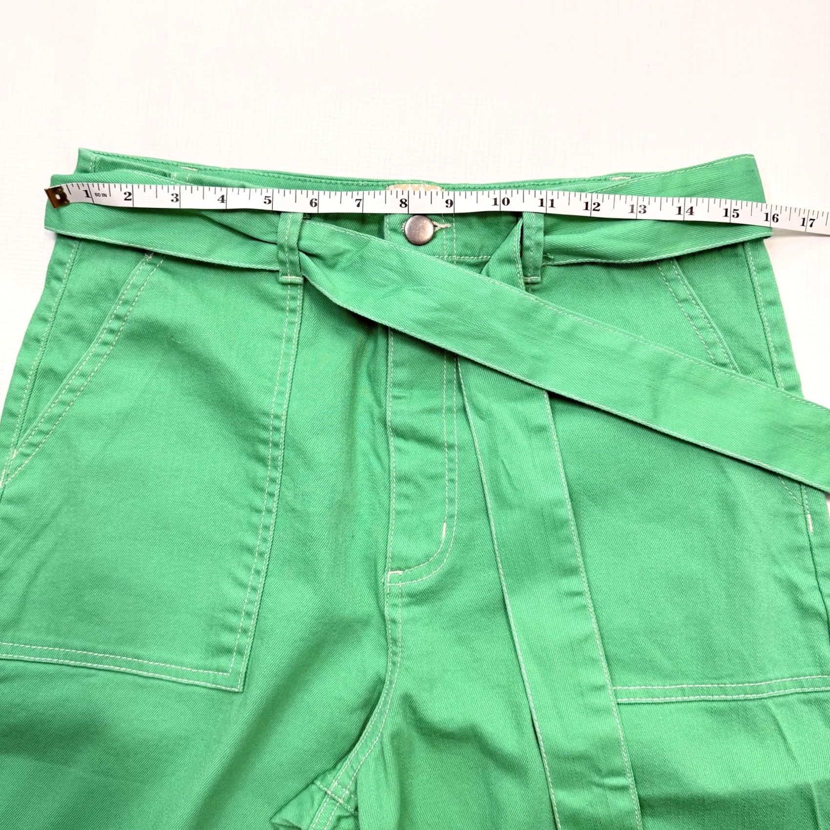 Vintage GB Junior Pants 11 Green Cropped Wide-Leg Belted Twill Pockets Stretch Casual Men/Women? Size 32" / US 10 / IT 46 - 6 Thumbnail