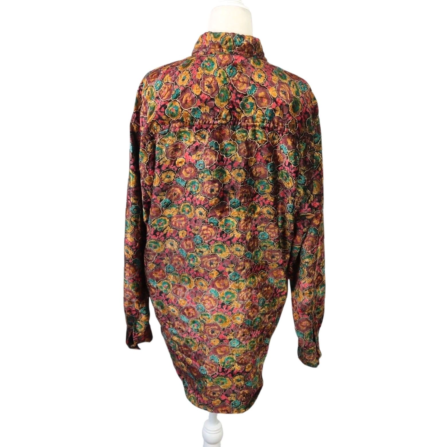 Velvet VINTAGE 90s Punch mustard yellow pink floral velvet blouse top M Button-Up Women Long Sleeve Collared 90s Bohemian Pattern Floral - Vintage Size M / US 6-8 / IT 42-44 - 4 Thumbnail