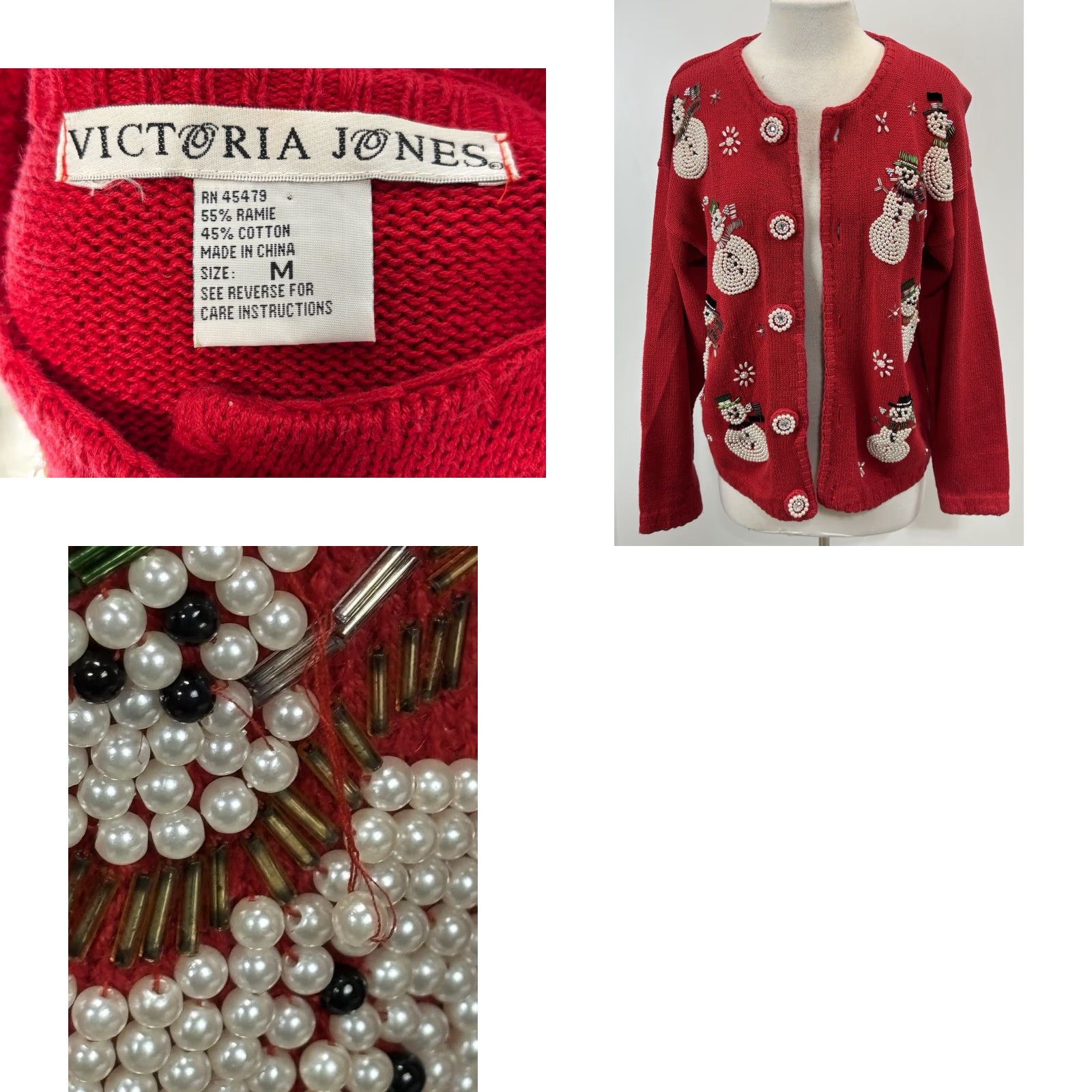 Vintage VINTAGE Victoria Jones Christmas Cardigan Sweater Women’s M Red Snowmen Beaded Pearl Button Jewel Knit Cotton Blend 90s Holiday Ugly Snowman Size M / US 6-8 / IT 42-44 - 8 Thumbnail
