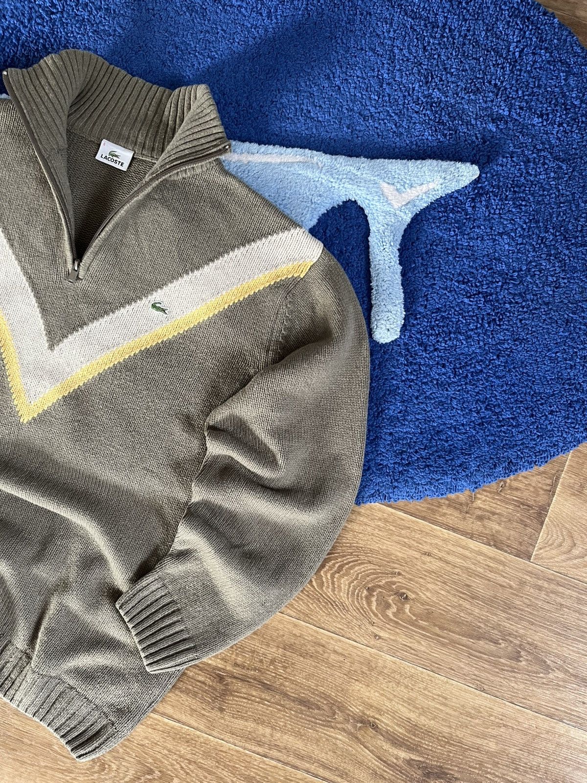 Lacoste Vintage Lacoste Quarter Zip Knit Sweater Olive V-Stripe Size US XL / EU 56 / 4 - 2 Thumbnail