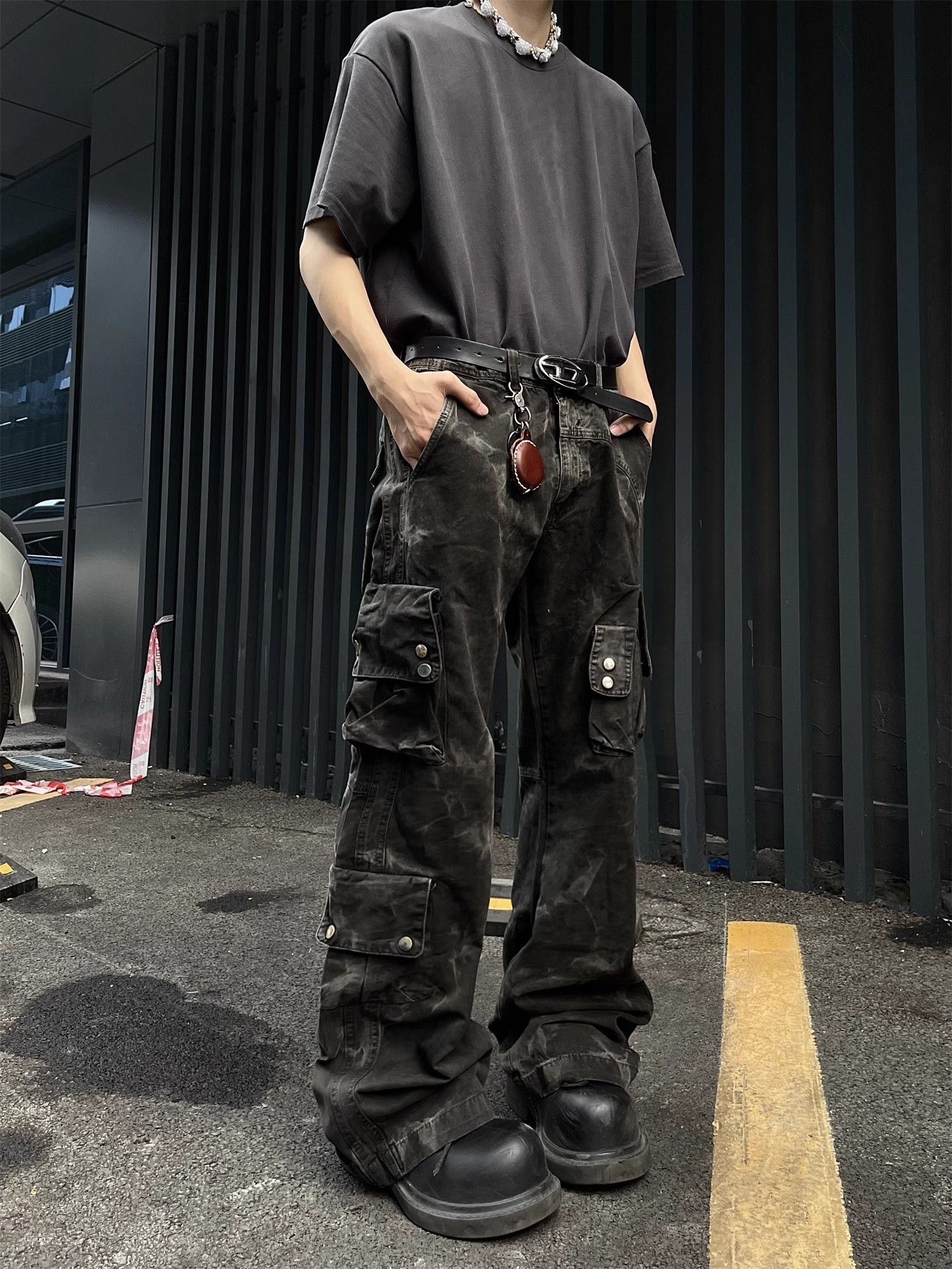 image of Jean Tie Dyed Multi Pocket Camouflage Workwear Pants in Black, Men's (Size 30)