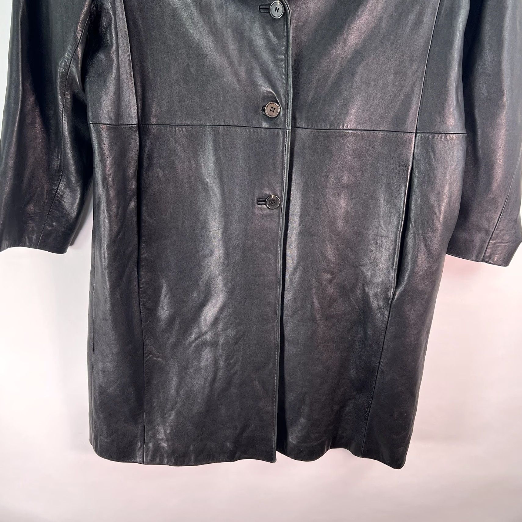 Vintage Marc New York Leather Trench Coat Women XL Black Long Sleeve Button Closure Casual Business Travel Workwear Regular Womens Size XL / US 12-14 / IT 48-50 - 3 Thumbnail