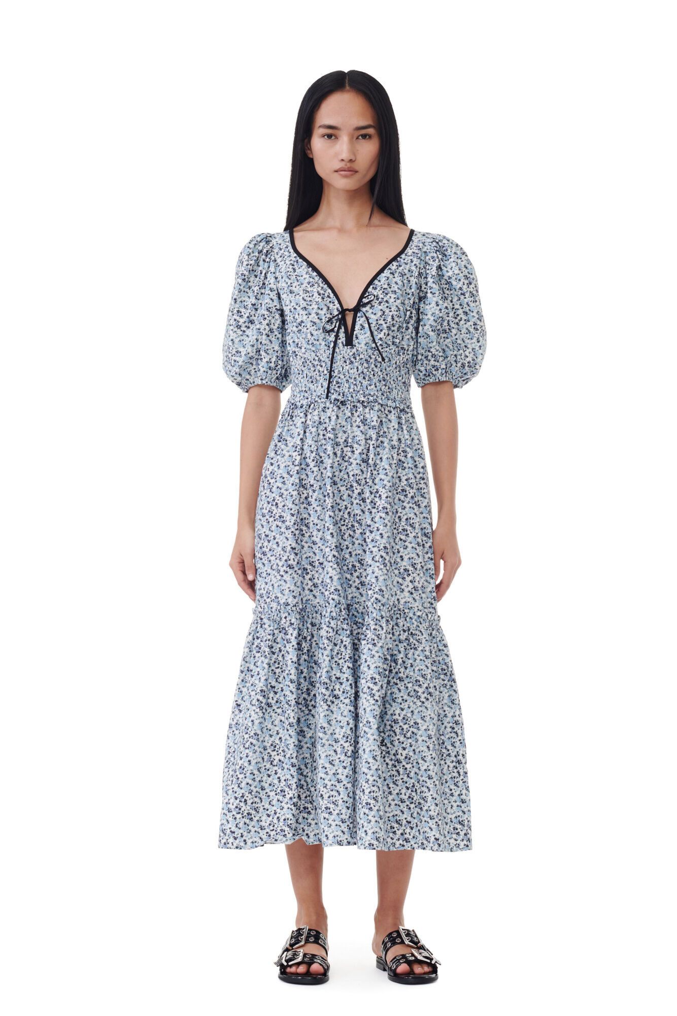 Ganni Blue Floral Printed Cotton Dress