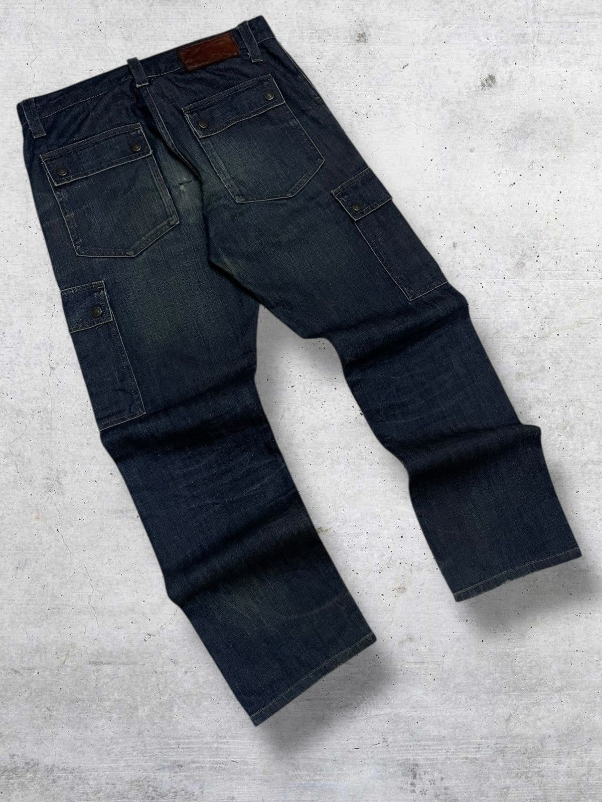 VINTAGE BACK NUMBER JAPAN DESIGNER INDIGO CARGO DENIM 90S OG