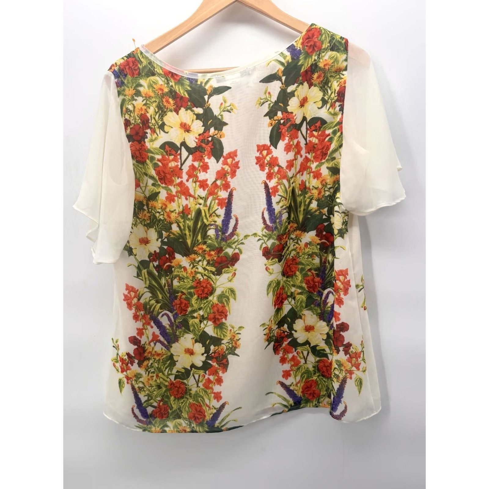 Gildan Jennie & Marlis Blouse Women L White Floral Lined Short Sleeve Pullover Casual Size L / US 10 / IT 46 - 7 Thumbnail