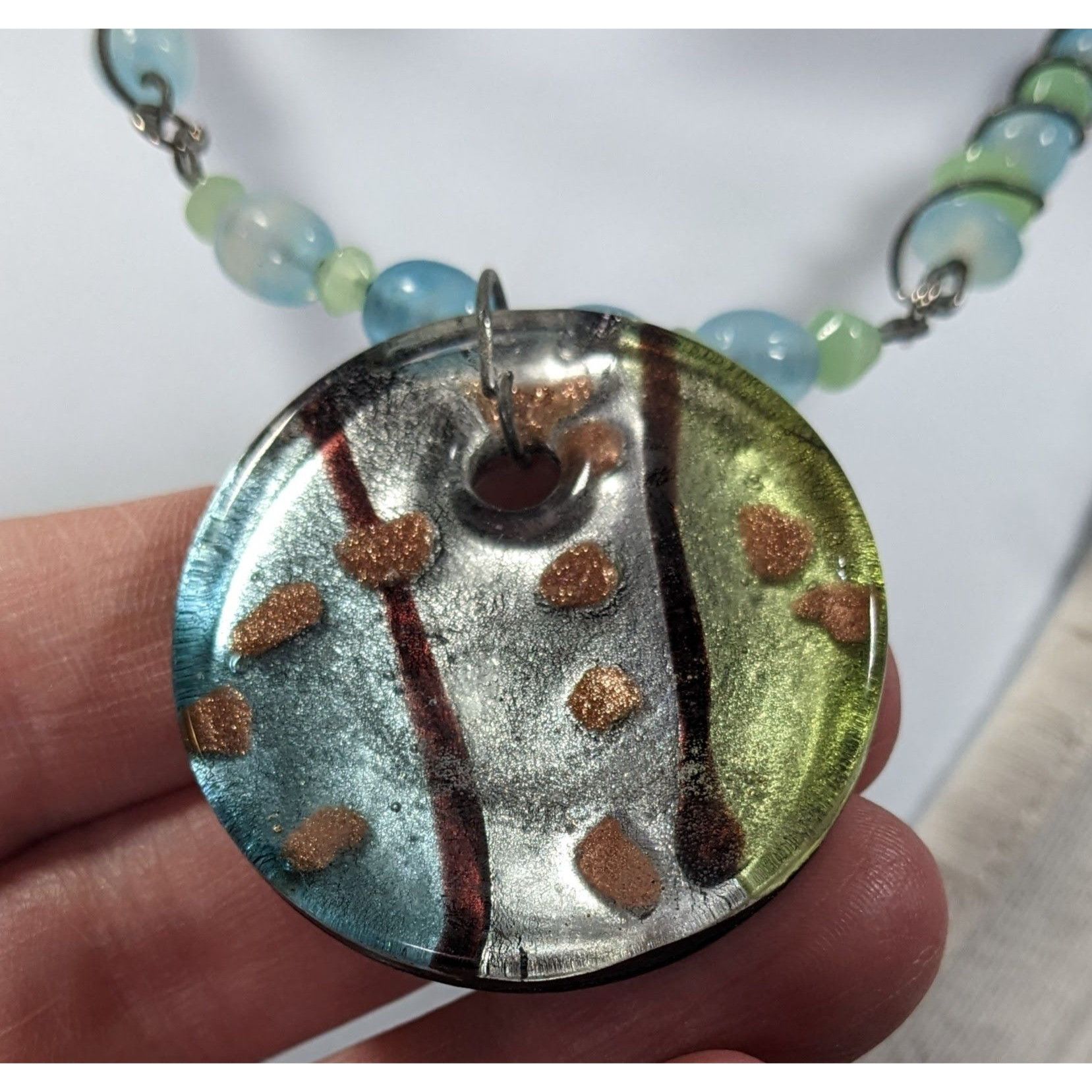 Other Handmade Whimsical Wire Wrapped Blue And Green Glass Pendant Size ONE SIZE - 6 Thumbnail