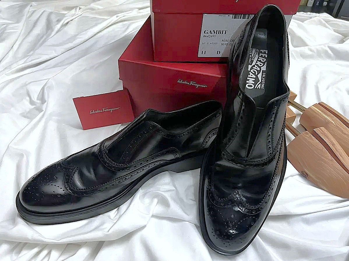 Salvatore Ferragamo Gambit Black Calf Slip-on Brogue Size US 11 / EU 44 - 1 Thumbnail