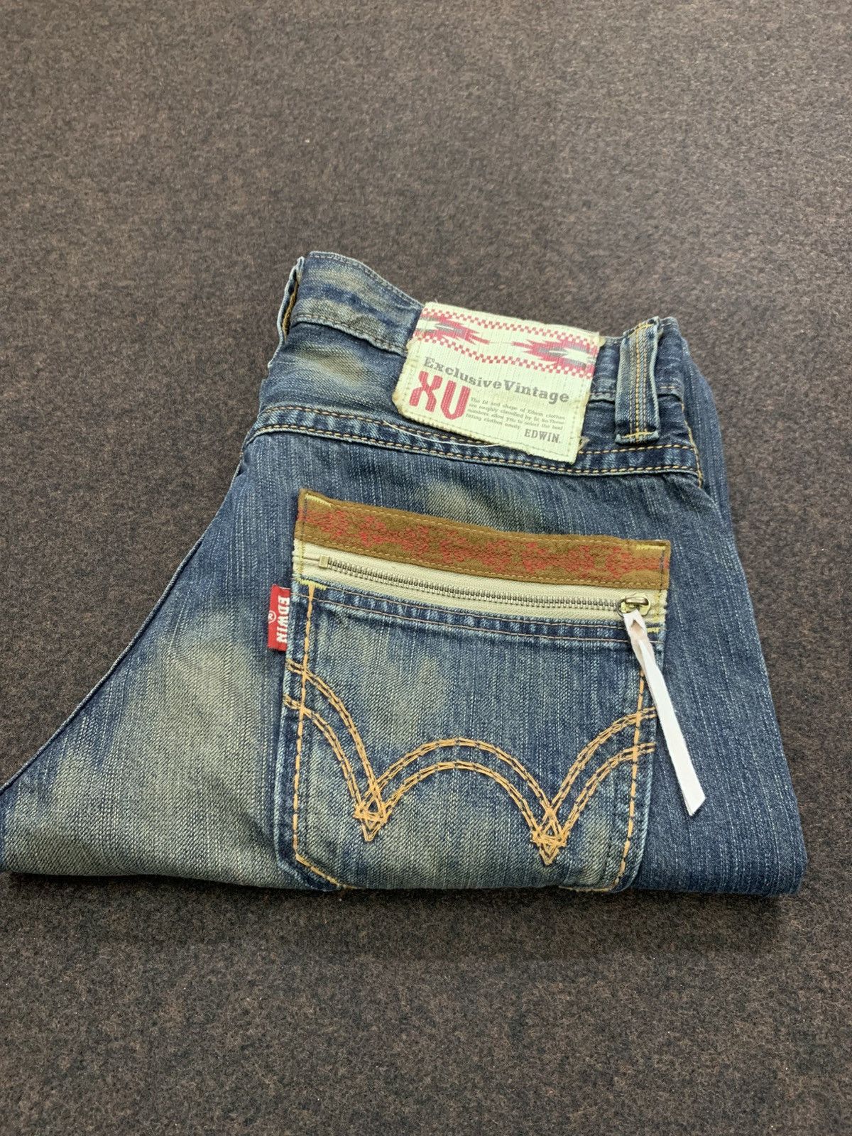 Edwin Blue Trip Faded Whiskers Denim Jeans.