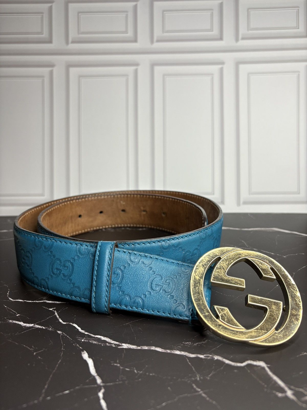 Gucci Gucci Blue Leather Embossed Monogram Gold Buckle Belt 