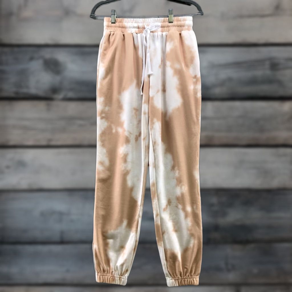 Vintage NWOT Tie Dye Jogger Sweatpants Womens S High Waisted Drawstring Beige White Fleece Lounge Pants Size 28" / US 6 / IT 42 - 1 Thumbnail