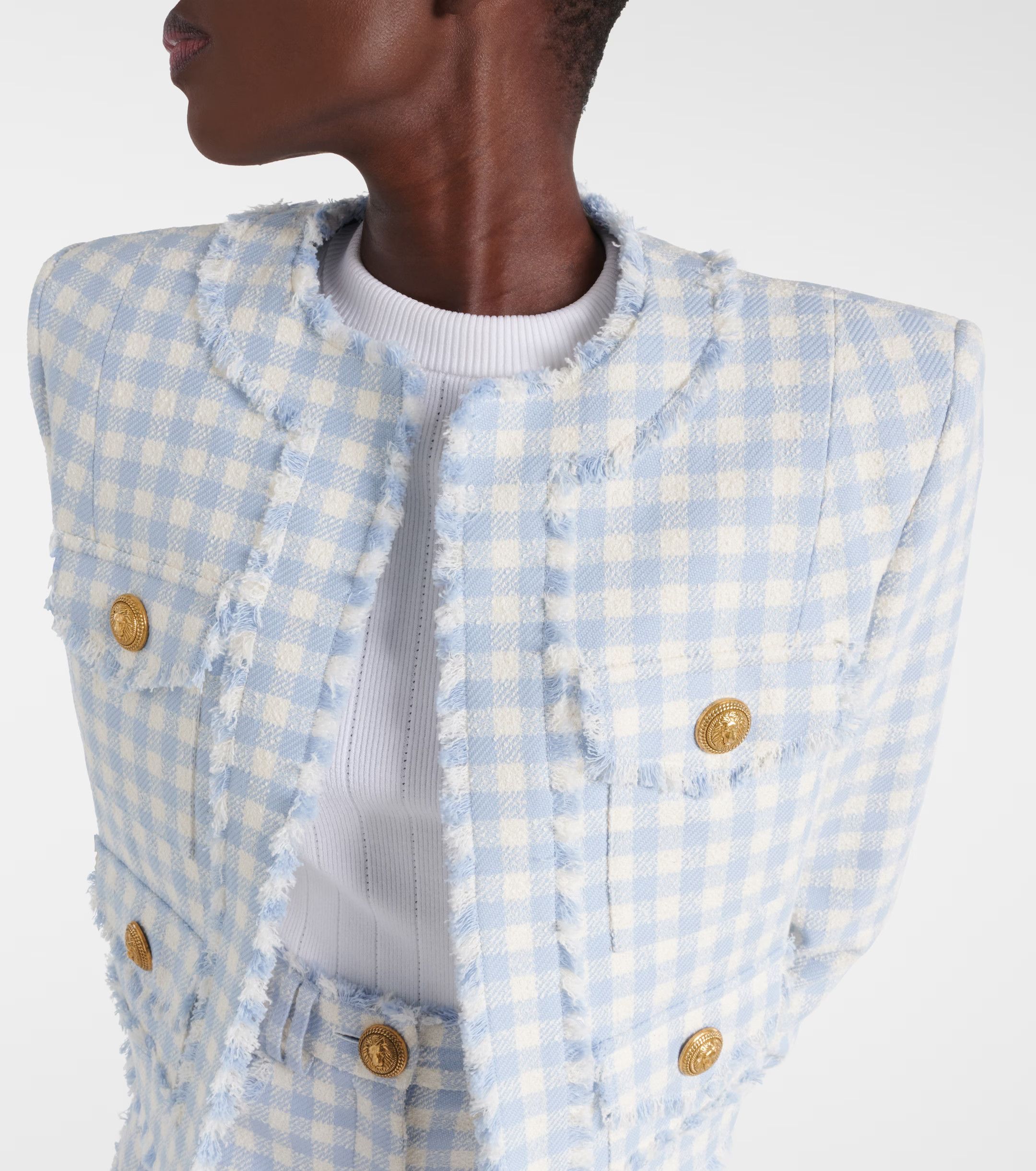 Balmain o1w1db10624 Collarless Vichy Jacket in White Size XS / US 0-2 / IT 36-38 - 4 Thumbnail