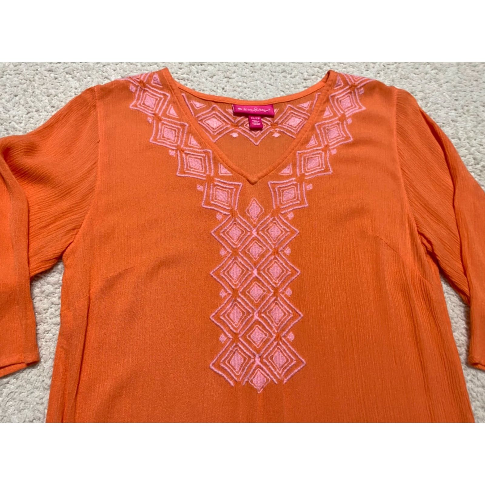 Lilly Pulitzer VINTAGE Lilly Pulitzer Womens XS Shirt 3/4 Sleeve Solid Orange V-Neck Rayon Embroidered Size XS / US 0-2 / IT 36-38 - 3 Thumbnail