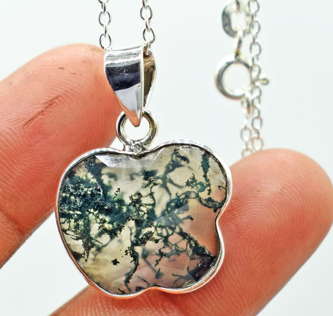 Handmade Apple Moss Agate 925 Sterling Silver Necklace, 18 Inch Chain Size ONE SIZE - 3 Thumbnail