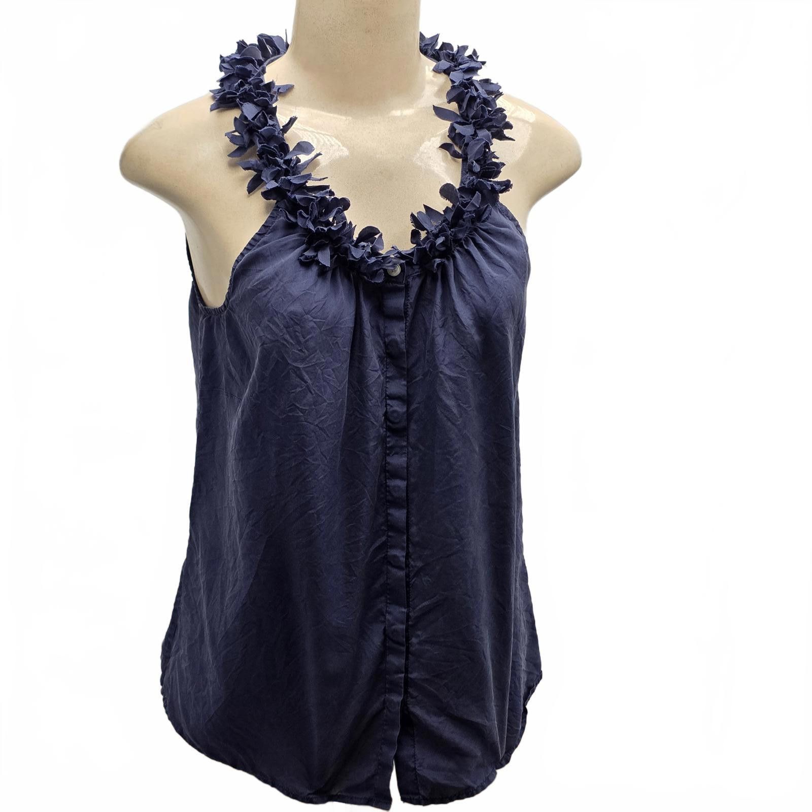J.Crew J.Crew Navy Blue Silk Blouse Floral Ruffle Neckline Small S Size S / US 4 / IT 40 - 3 Thumbnail