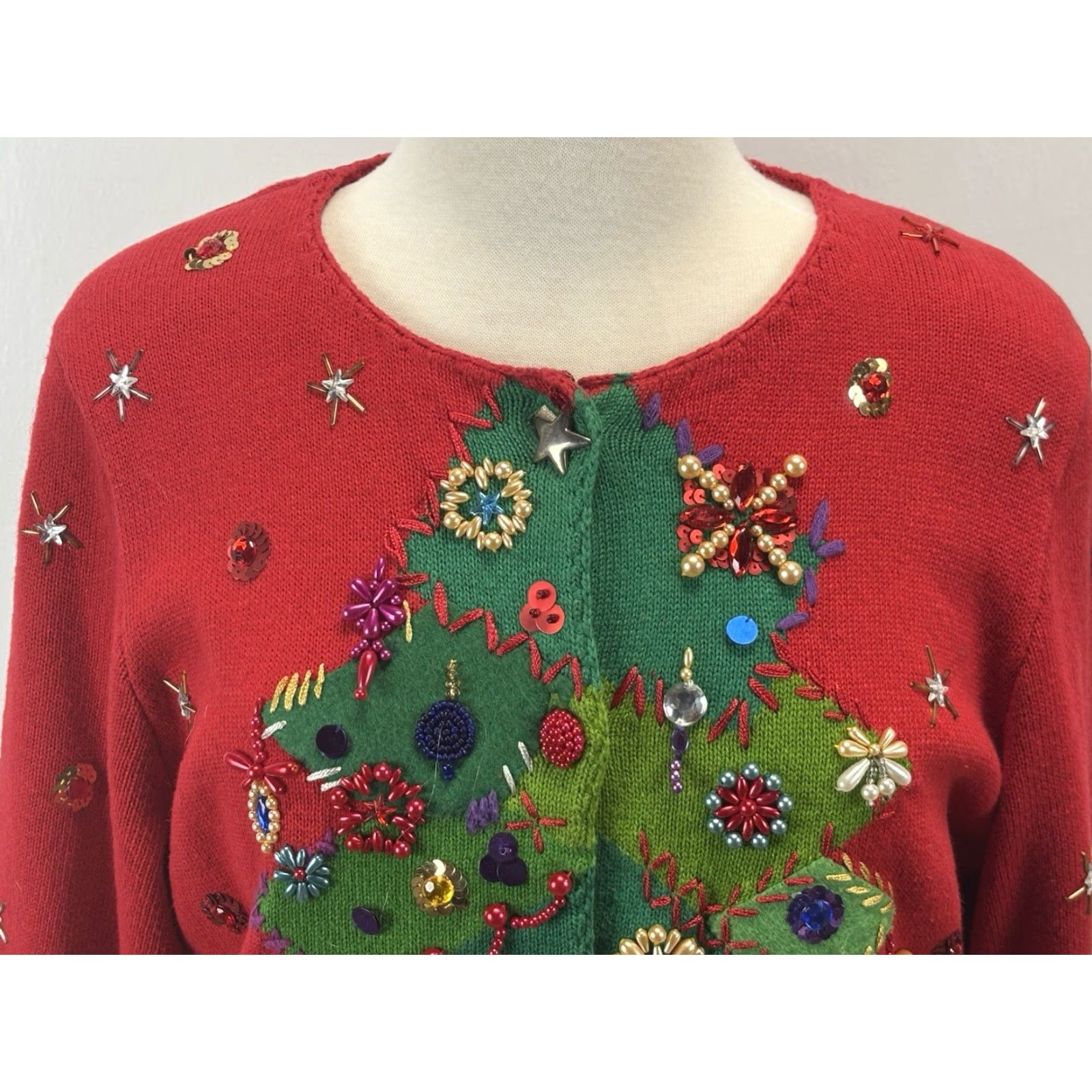 Simons VINTAGE Michael Simon Christmas Cardigan Sweater Women’s Large Red Beaded Knit Size L / US 10 / IT 46 - 5 Thumbnail