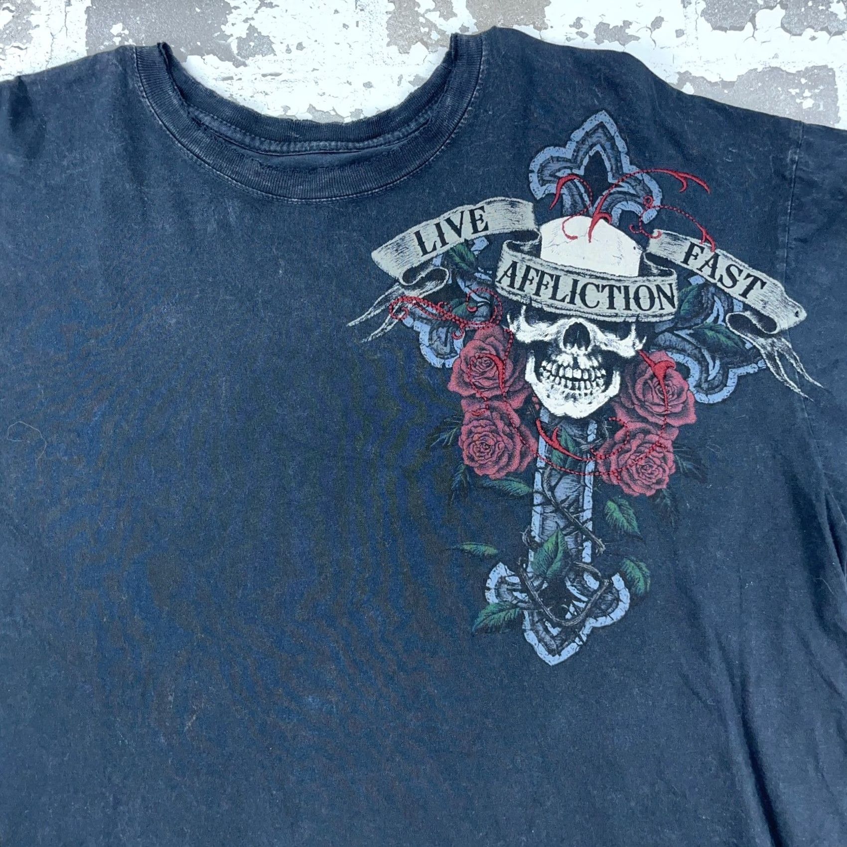 Affliction Affliction Shirt Men XXL Black Tee Live Fast MMA Tattoo Skull Cross Wings AOP Shirt Men 2XL Black Skull Tattoo AOP Size US XXL / EU 58 / 5 - 5 Thumbnail