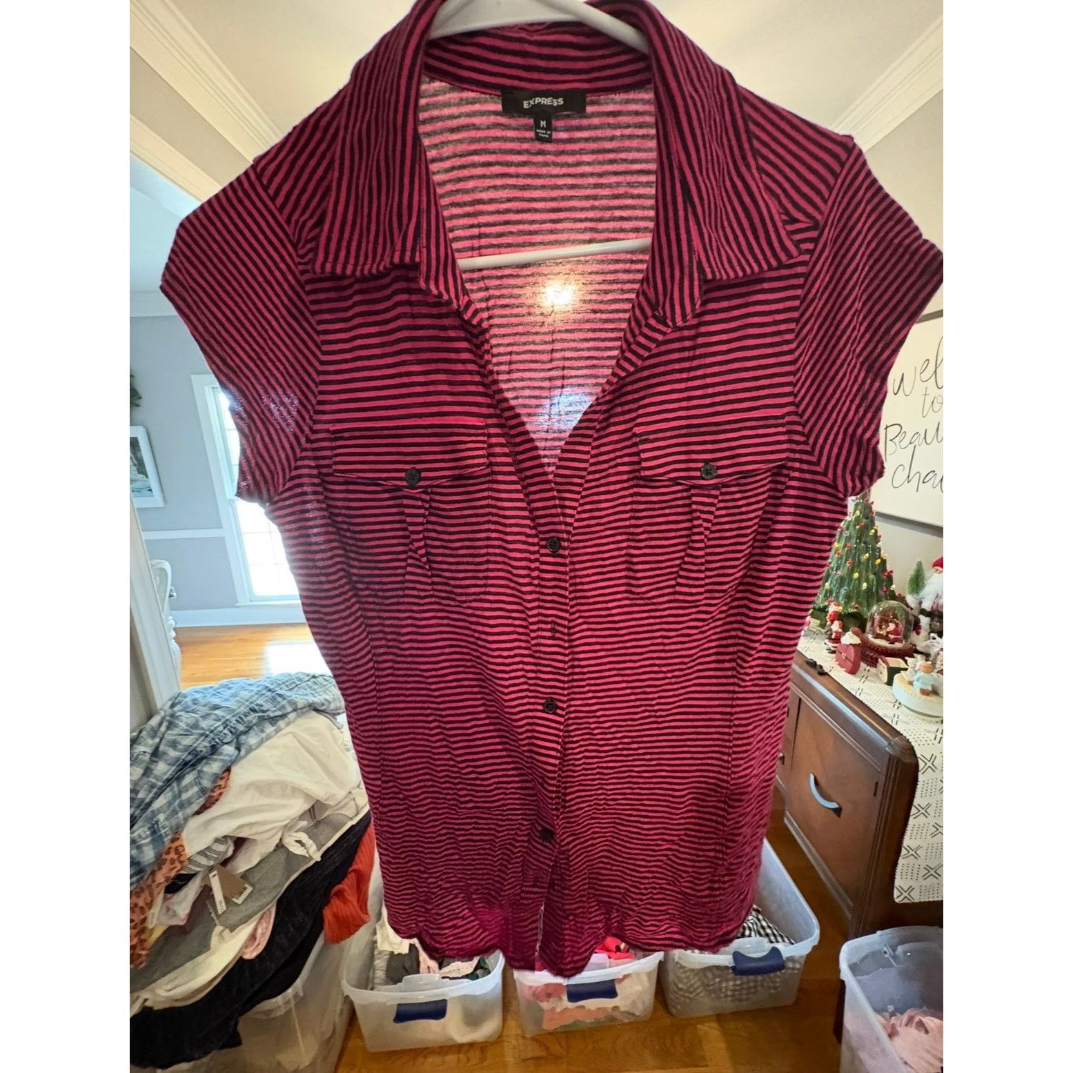 Express Express Women’s Medium 8 10 Pink Black Striped Button Front Size M / US 6-8 / IT 42-44 - 2 Thumbnail
