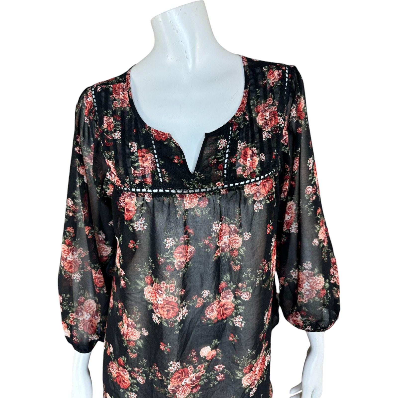 Other Mine Women Large Black Floral Sheer 3/4 Length Sleeve Blouse Size L / US 10 / IT 46 - 11 Thumbnail
