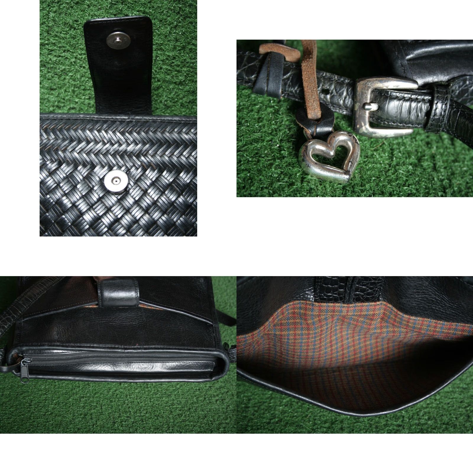 Brighton VINTAGE Brighton Shoulder Bag Black Leather Croc Embossed Plaid Lined Small Purse Size ONE SIZE - 8 Thumbnail