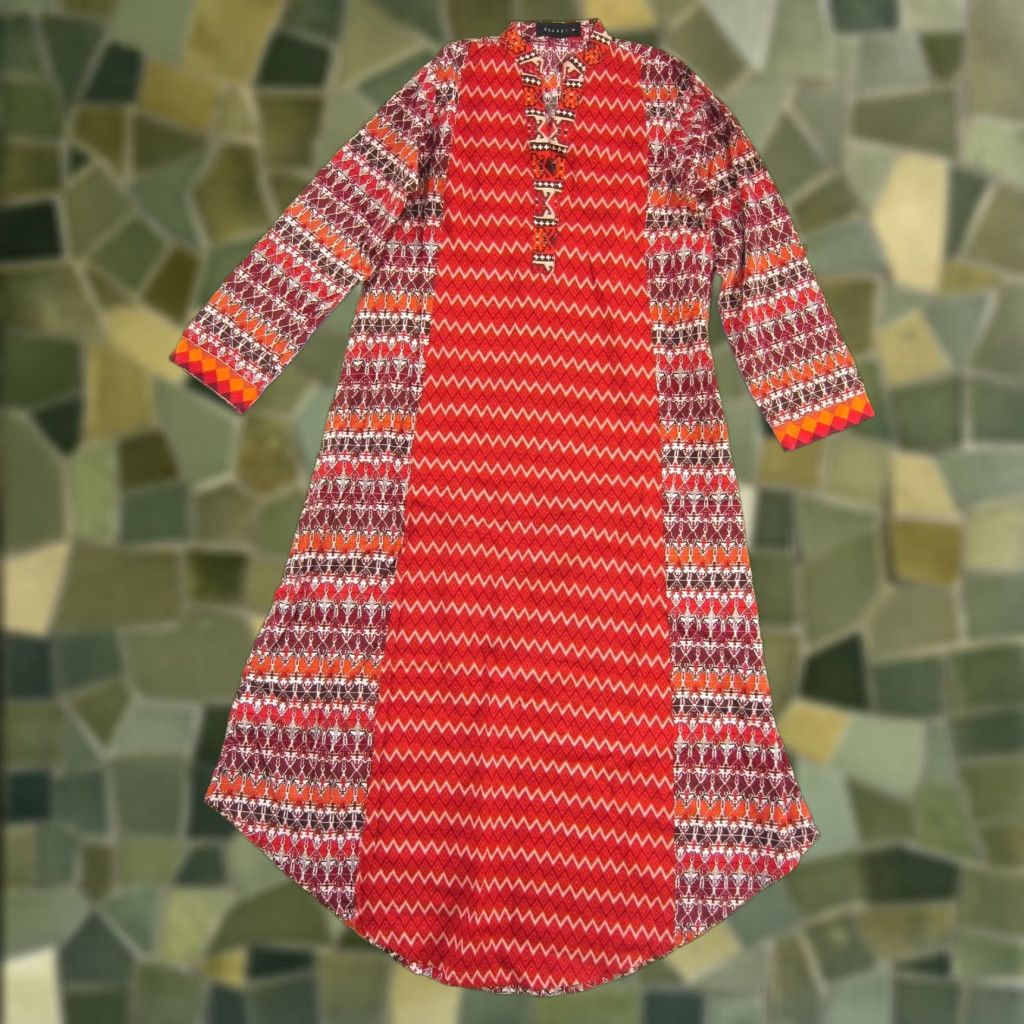 Vintage Khaadi 100% Cotton Batik Long Sleeve Midi Kurta Dress Women 10 Red Orange White Vel? Size L / US 10 / IT 46 - 1 Thumbnail