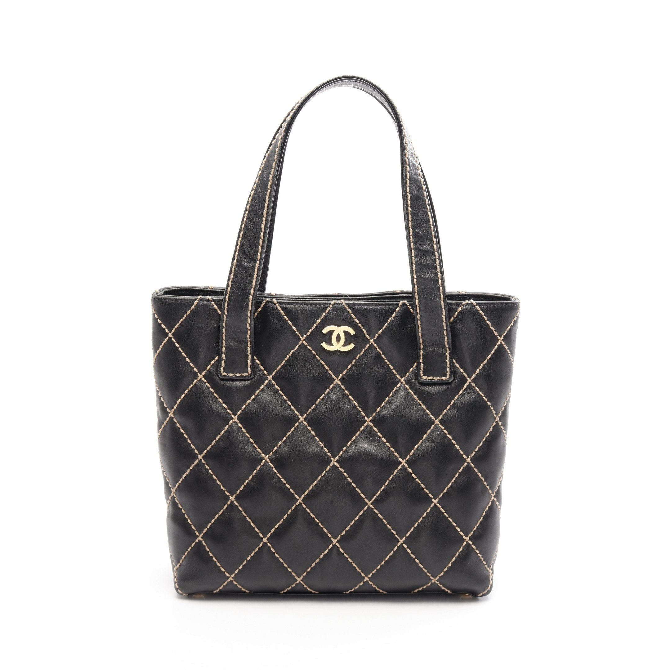 Chanel Wild Stitch Handbag Tote Bag Leather Black Gold Hardware