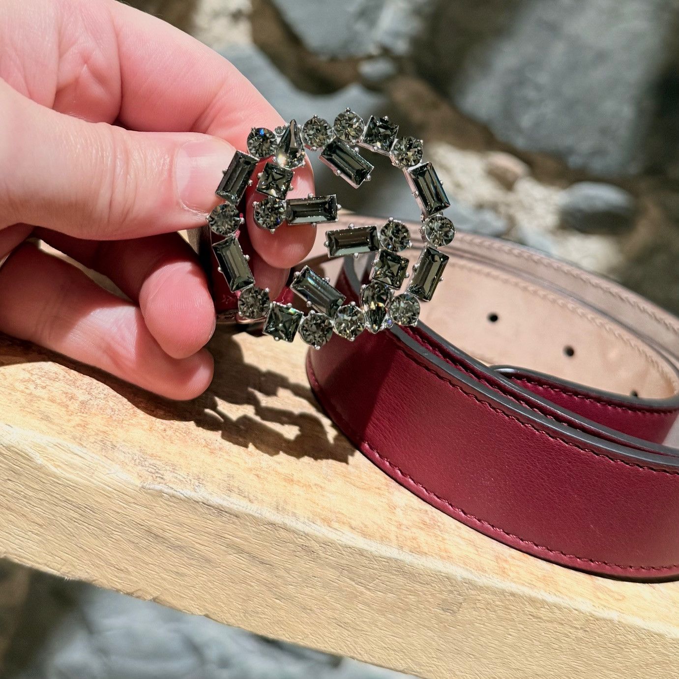 Gucci Gucci GG Burgundy Leather Crystal GG Buckle Belt Size ONE SIZE - 2 Thumbnail