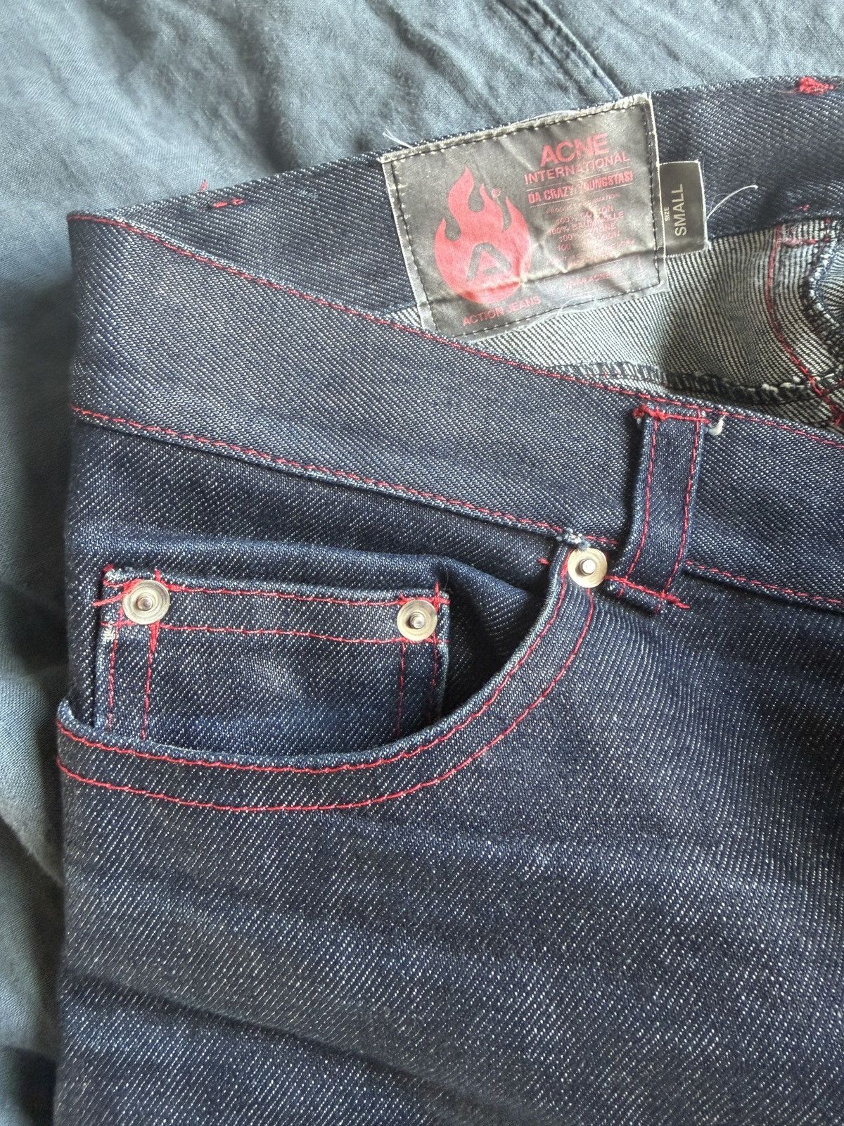 Acne Studios Early 2000s Acne International red stitch jeans flame patch Size US 29 - 1 Thumbnail