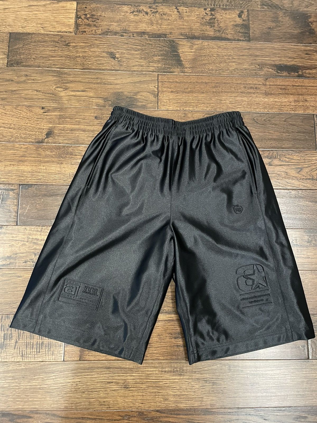 image of Alexander Wang Black Embossed Satin Shorts, Men's (Size 30)