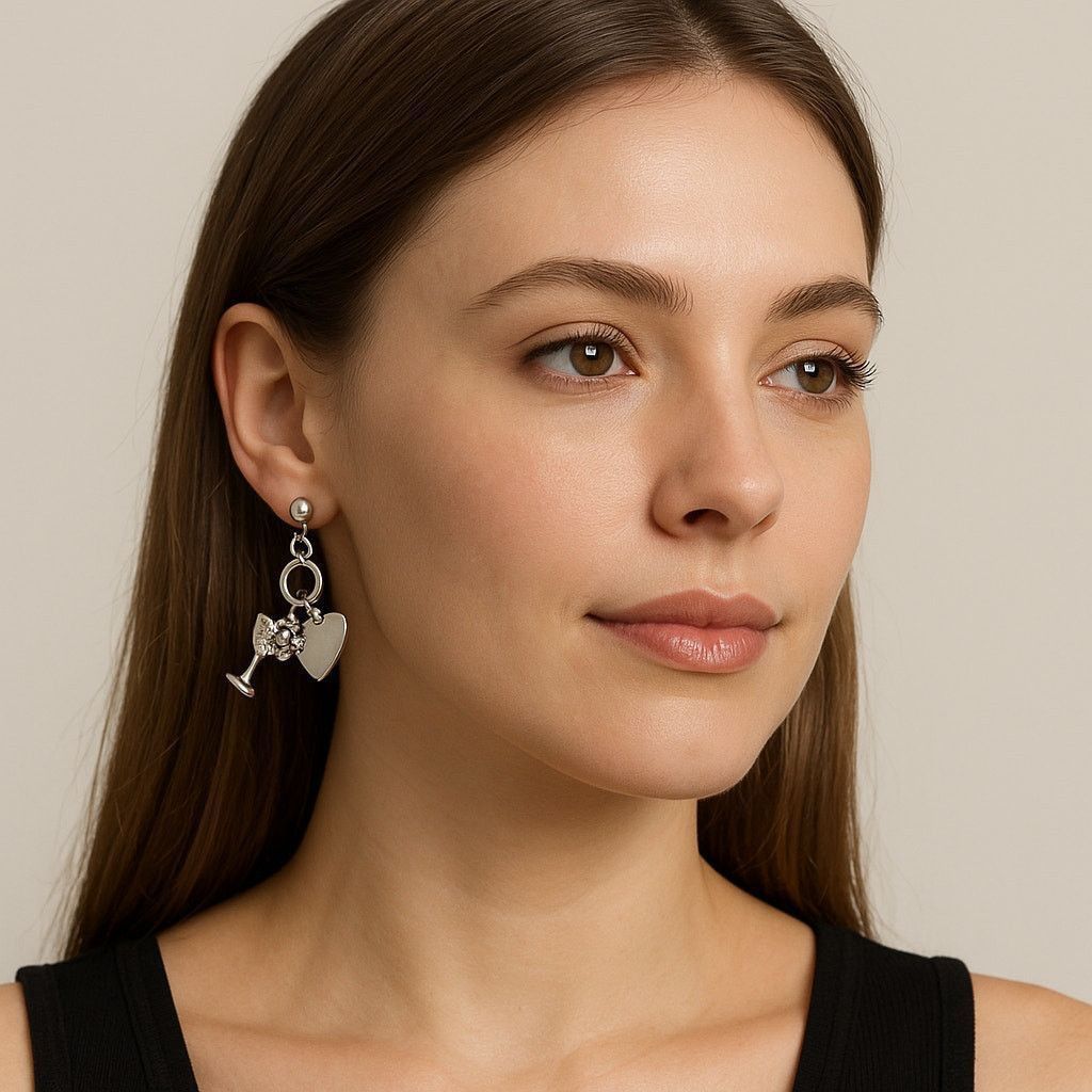 Vintage Romantic Silver Wine Glass Heart Drop Earrings Size ONE SIZE - 1 Thumbnail