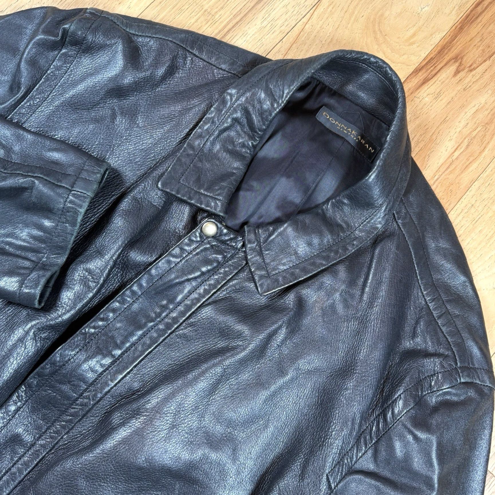 Donna Karan VINTAGE Donna Karan Leather Motorcycle Jacket Womens 2XL Black Wool Linen Lined Button Zip Biker Jacket Womens Men? Size XXL / US 16-18 / IT 52-54 - 2 Thumbnail