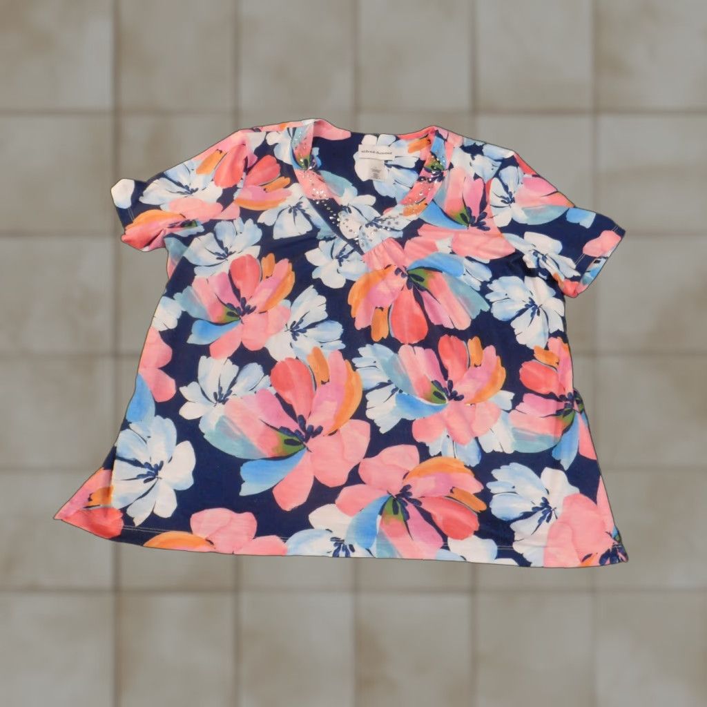 Vintage Alfred Dunner Blouse L Blue Floral Pink Coastal Stretch Polyester Women Regular Vintage No Size L / US 10 / IT 46 - 1 Thumbnail