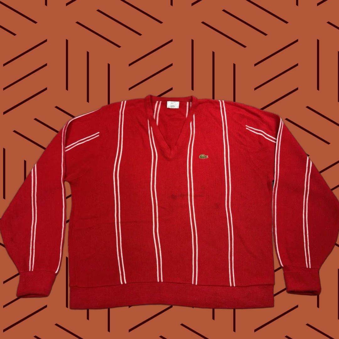 Lacoste Vintage 80s Lacoste Mens Sweater XL Red White Striped V-Neck Pullover All Seasons Size US XL / EU 56 / 4 - 1 Thumbnail