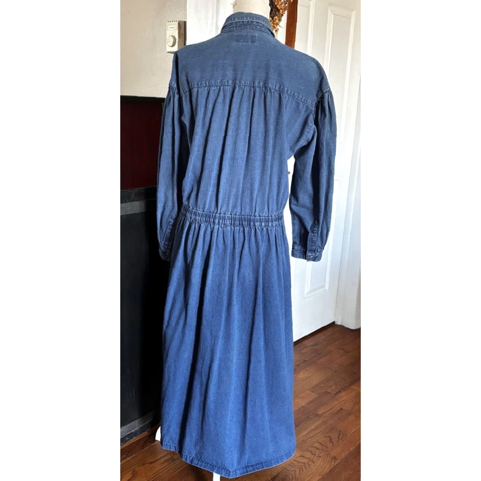 VINTAGE Eddie Bauer Denim Maxi Dress Button Up Long Sleeve Blue L Modest  Prairie Women's