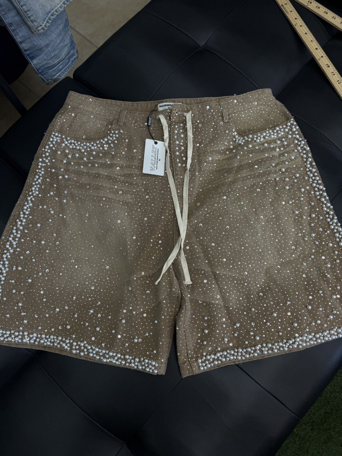 Valley Rhinestone Crystal Shorts Denim Tan Size 38